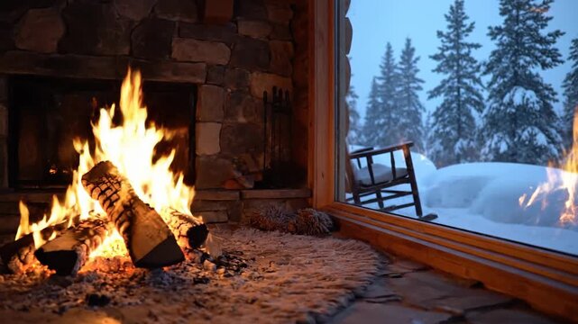 Cozy Log Cabin Fireplace with Winter Wonderland View, and Snow Covered Trees.