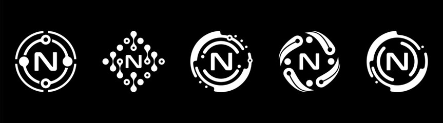 Obraz premium Set of minimalist letter N technology logos in monochrome style. Abstract circular and network shapes represent digital systems, AI, innovation, and modern tech branding on black background