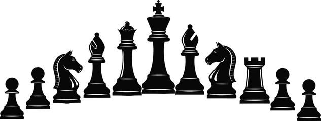 Black silhouette illustration of complete chess set including pawns, knight, bishop, queen, king, and rook, symbolizing strategy, board game, competition, and creative artwork projects © MdAnowarHossain