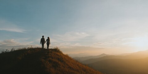 Naklejka premium Romantic Couple Silhouette Holding Hands at Sunset Walking Along a Mountain Ridge, Travel Marketing Banner Style with Copy Space for Outdoor Tourism Advertising