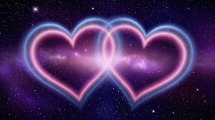 Fototapeta premium Intertwined Neon Hearts in a Cosmic Starry Fantasy Sky with Sparkling Galaxy Background