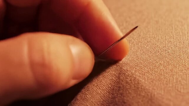Finger holding needle and thread stitching into a fabric under warm lighting