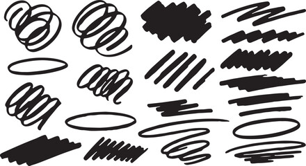 Obraz premium A dynamic collection of black hand-drawn graphic assets, featuring energetic spiral doodles, circular swirls, wavy scribbles, and thick marker strokes isolated on a white background.