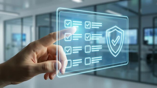 Business compliance legal requirements policy regulatory global checklist validation security concept with hand interacting digital checklist shield icon office operations trust