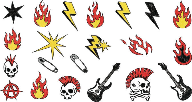 A rebellious collection of hand-drawn punk rock assets including graffiti skulls with mohawks, electric guitars, safety pins, anarchy symbols, lightning bolts, and stylized flames.