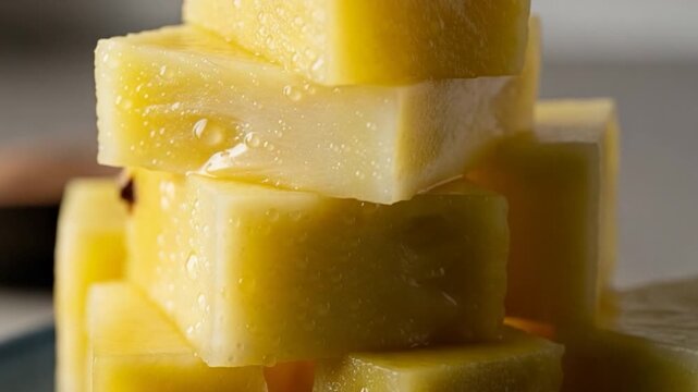 Cubed Pineapple: A close-up shot of freshly cut pineapple cubes, neatly stacked, showcasing the vibrant yellow color and succulent texture, evoking a sense of tropical freshness and culinary delight.