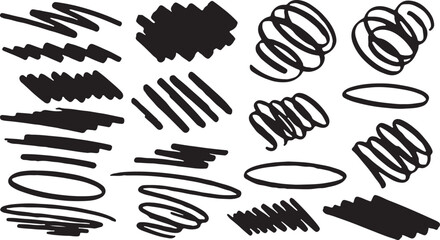 Obraz premium A dynamic collection of black hand-drawn graphic assets, featuring energetic spiral doodles, circular swirls, wavy scribbles, and thick marker strokes isolated on a white background.