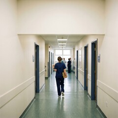 Fototapeta premium Female nurse in blue scrubs walking down a hospital corridor carrying coffee and a clipboard during shift change with copy space on the upper wall background