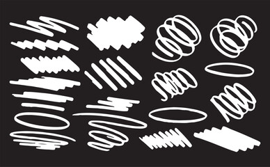 Fototapeta premium A dynamic collection of white hand-drawn graphic assets, featuring energetic spiral doodles, circular swirls, wavy scribbles, and thick marker strokes isolated on a solid black background.