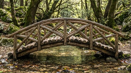 Rustic Wooden Bridge Spanning Over Clear Forest Stream In Lush Mossy Woodland With Dappled Sunlight