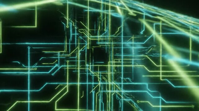 Abstract glowing digital circuit board pattern on a dark background