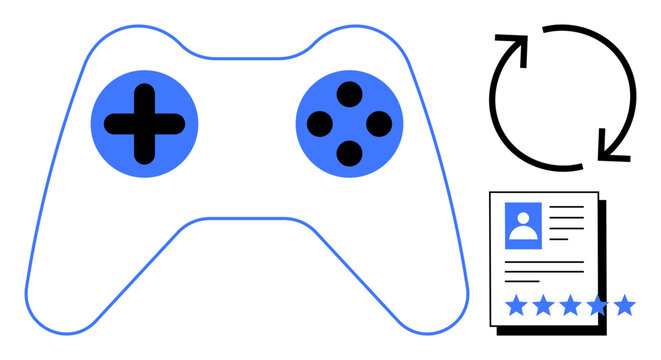 Gaming controller paired with user profile, refresh icon, and rating stars highlighting themes thumbs up gamification, user experience, digital progress, online gaming. Ideal for gaming interfaces