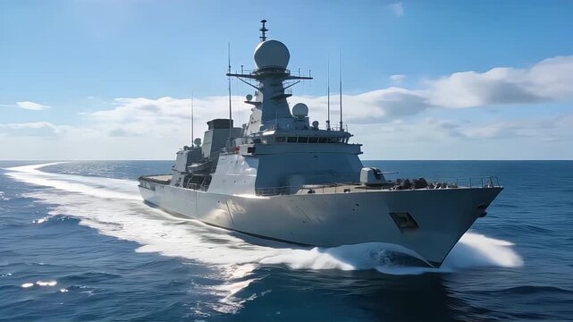 Ultra Realistic Modern Naval Warship Sailing Across Open Ocean Under Bright Daylight Cinematic Military Maritime Footage