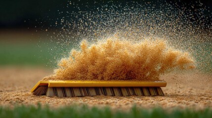 Dust Cloud Rising from a Vibrant Yellow Brush on a Sandy Surface in an Outdoor Setting Perfect for Sports Photography