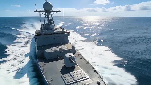 Ultra Realistic Modern Naval Warship Sailing Across Open Ocean Under Bright Daylight Cinematic Military Maritime Footage
