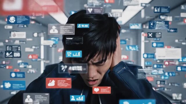 Man overwhelmed by social media notifications on virtual screens.