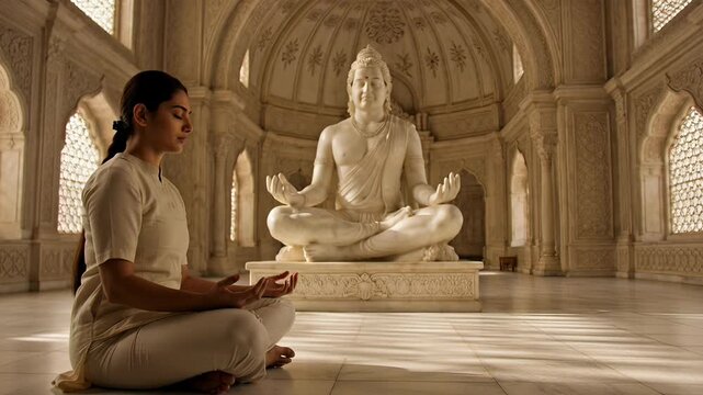 Serene Jain Woman Meditates in Temple Courtyard in Front of Lord Mahavira Statue for Spiritual Practice