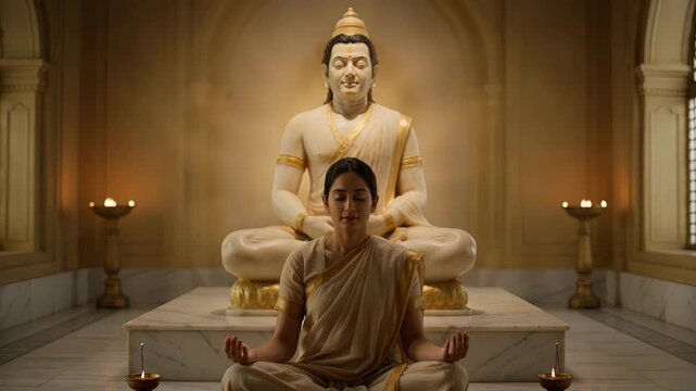 Serene Jain Woman Meditating in Front of Lord Mahavira Statue Inside Temple with Candle Lights