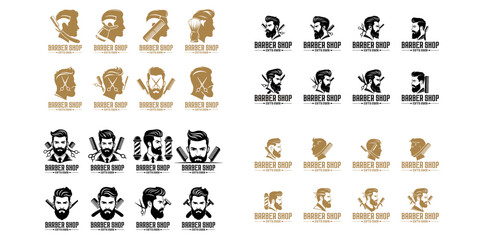 A collection of flat illustrations of men's faces with various hairstyles and shaving tools for barbershop logo designs, products for men.