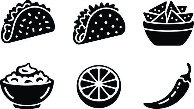 Mexican Food Icon Set with Tacos Nachos Guacamole Lime and Chili Pepper Retro Black and White Vector Illustration for Restaurant (Exactly 20 words)