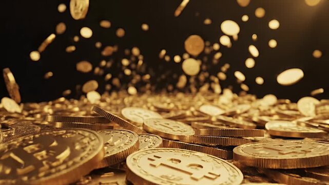 Many golden coins are falling and scattering across a dark background