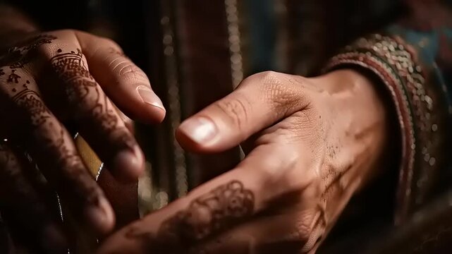 Hands adorned with intricate henna designs in a traditional cultural setting, close-up view