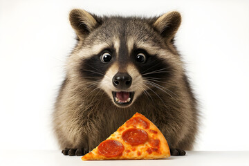 Obraz premium Funny Raccoon Surprised by Pizza Slice Isolated on Whit