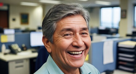 Obraz premium Happy Senior Hispanic Male Employee Working in Modern Office Cubicle