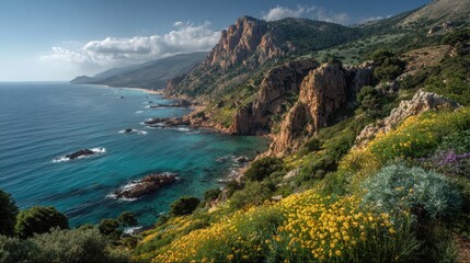 Naklejka premium Mediterranean coast Landscape with mediterranean seaside cliffs scattered coastal bushes spring bloom