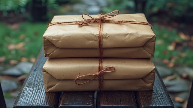 Stack of brown paper packages tied with string on a rustic wooden bench outdoors perfect for a