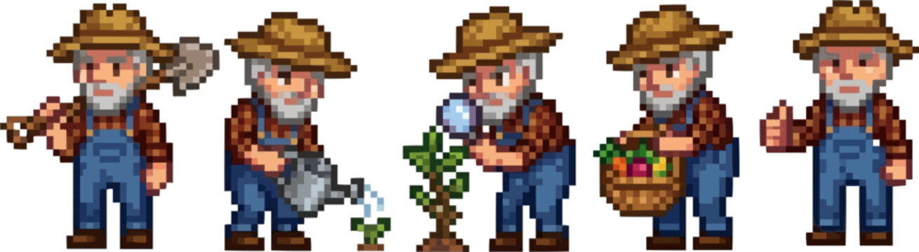 pixel art of a senior farmer in overalls and straw hat performing various tasks including watering plants and harvesting vegetables.