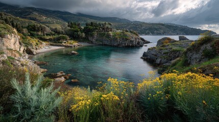 Obraz premium Mediterranean coast Landscape with secluded mediterranean coastal cove wild fennel plants mild mediterranean winter