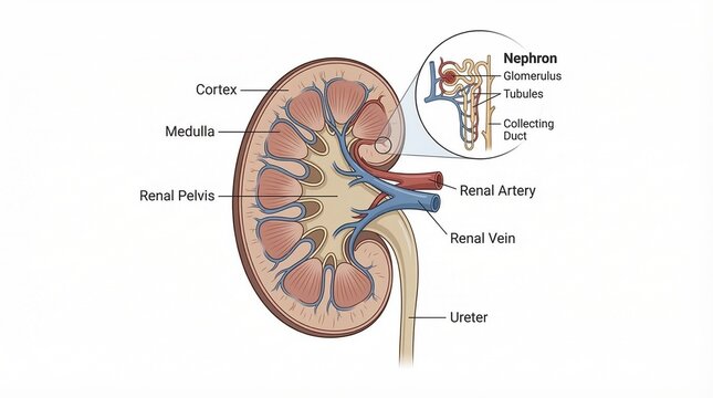 Human Kidney Cross Section Anatomy with Nephron and Blood Vessels