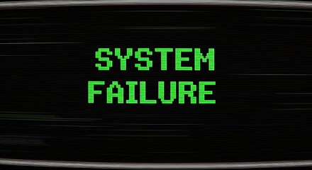System failure warning message on glitchy retro screen.