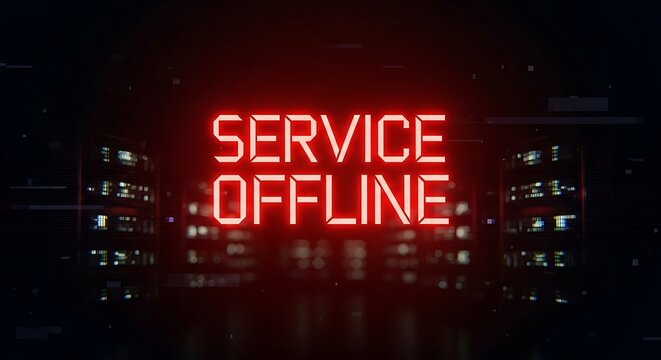 Service offline neon sign with digital glitch effect.