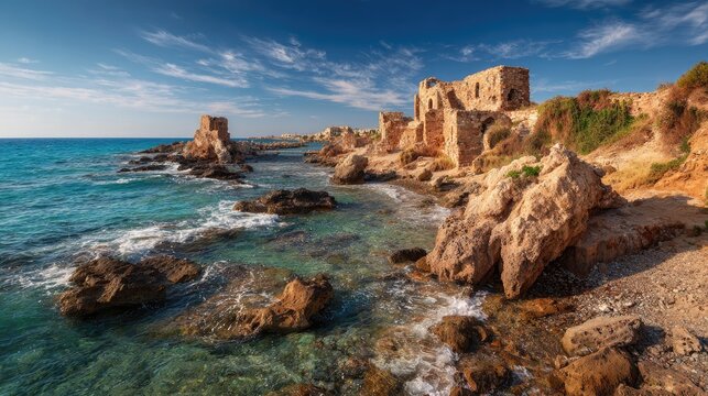 Mediterranean coast Landscape with ancient seaside ruins weathered seaside rocks warm summer season