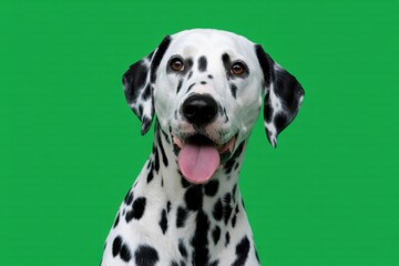Front facing dalmatian dog with black spots and pink tongue on green background animal