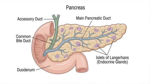 Human Pancreas Anatomy Diagram showing Ducts and Endocrine Glands