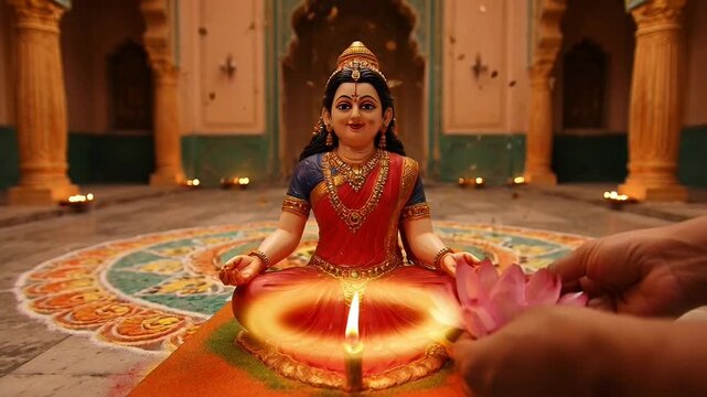 Beautiful Idol of Goddess Lakshmi Celebrated During Akshaya Tritiya Festival in Traditional Indian Temple Setting