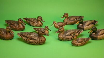 Obraz premium Collection of Realistic Duck Decoys on Green Background
