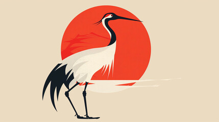 Fototapeta premium Minimal Japanese illustration of red-crowned crane standing with red sun and abstract background.