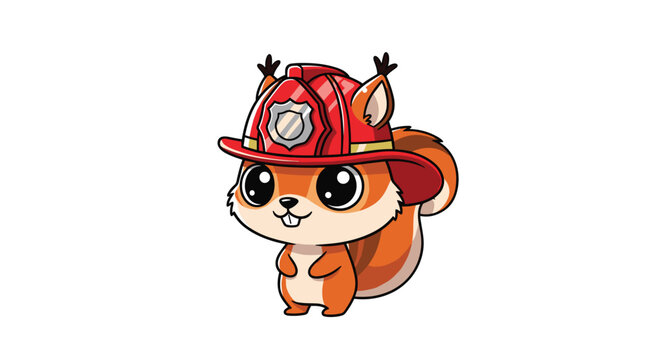 A charming cartoon brown squirrel with large black eyes wears a red firefighter's helmet featuring a silver badge on a white background.