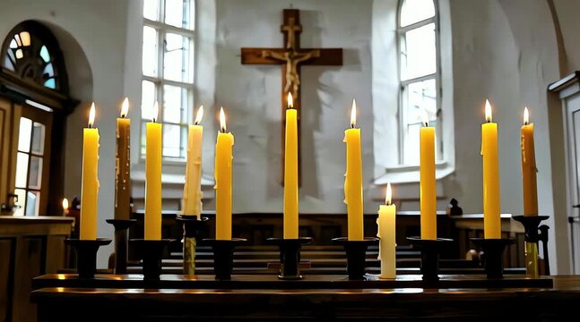 Lit Prayer Candles Inside Christian Church &ndash; Spiritual Worship Concept