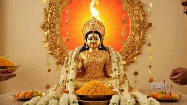 Beautiful Idol of Goddess Lakshmi for Akshaya Tritiya Celebrations with Traditional Decorations and Offerings