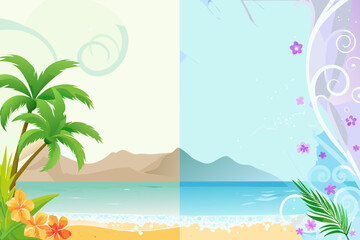 Obraz premium Tropical beach scene with palm trees ocean waves and floral accents