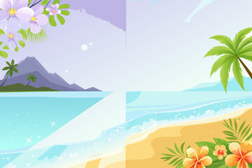 Obraz premium Tropical beach scene with flowers palm trees and mountain backdrop