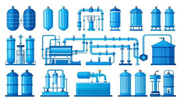 A collection of blue industrial tanks and pipes on a transparent background