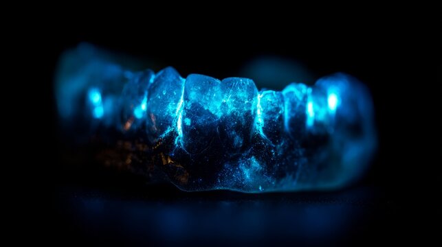hardness. Iridescent tooth enamel with diamond-like cracks, glowing under blue light for durability. product launch decks, UI/UX mockups, designed for product launches and innovation pitches.
