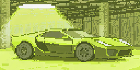 Fototapeta premium Vibrant green pixel art sports car design showcasing a charming retro digital illustration
