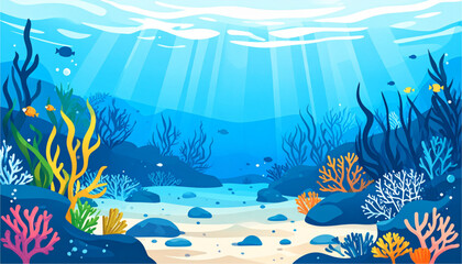 A vibrant underwater ocean scene with colorful coral and fish on transparent background © MDSUJON